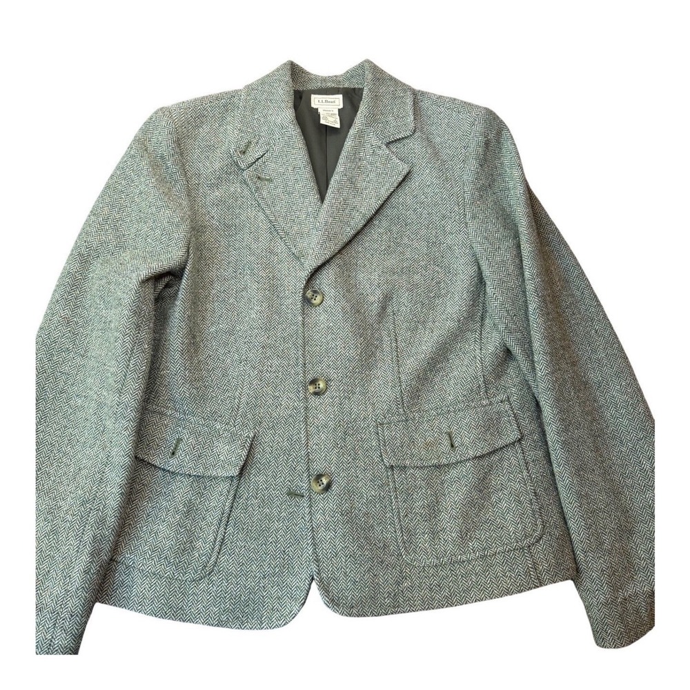 LL Bean Herringbone Tweed Blazer Women S Green Wool Dark Academia Tailored VTG